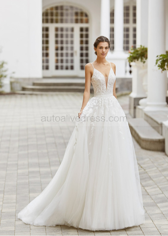 Spaghetti Straps Beaded Ivory Lace Tulle Fairy Wedding Dress Spaghetti Straps Beaded Ivory Lace Tulle Fairy Wedding Dress